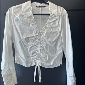 Zara White Ruched Crop Blouse with Notched Collar